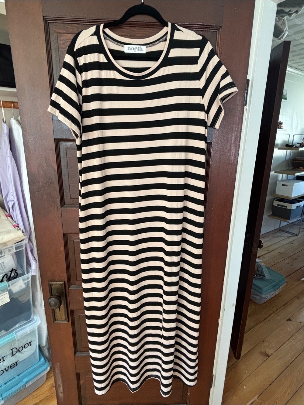 North Striped Short-Sleeve Maxi Dress in Black and Cream